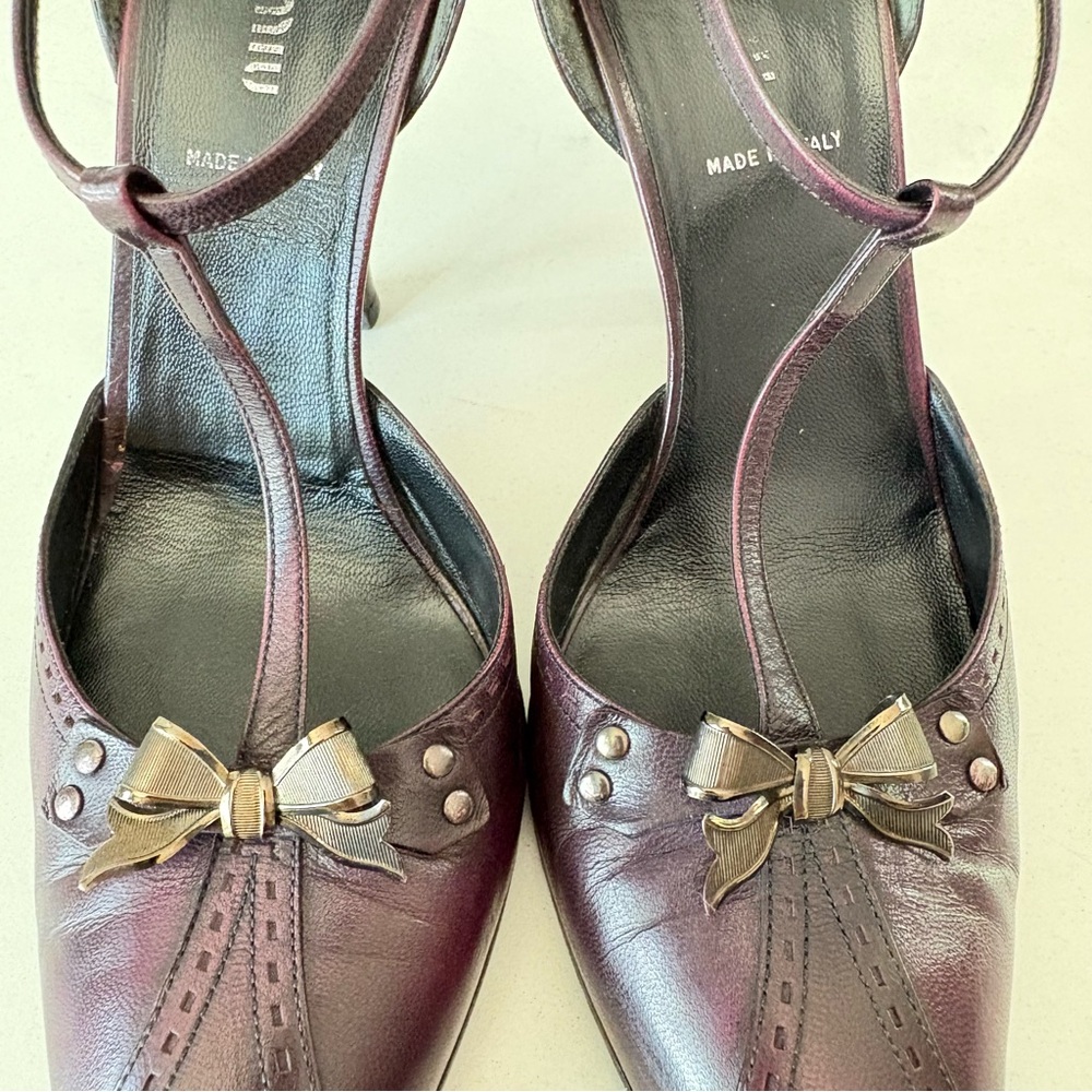 Miu Miu Dark Burgundy Leather Ankle Strap Pointed Toe Women’s Pump Heels US Sz 7 - Picture 5 of 13